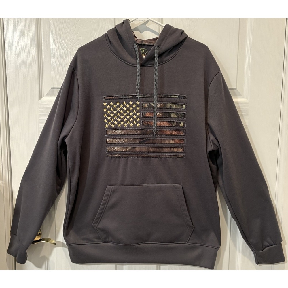 Mossy Oak Flag Hoodie Olive Gray Kangaroo Pockets‎ Pullover Men XL Patriotic EUC